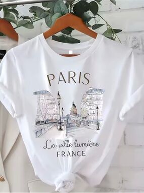 Paris Women Print T-shirt Girl Short Sleeve Crew Neck Casual Top